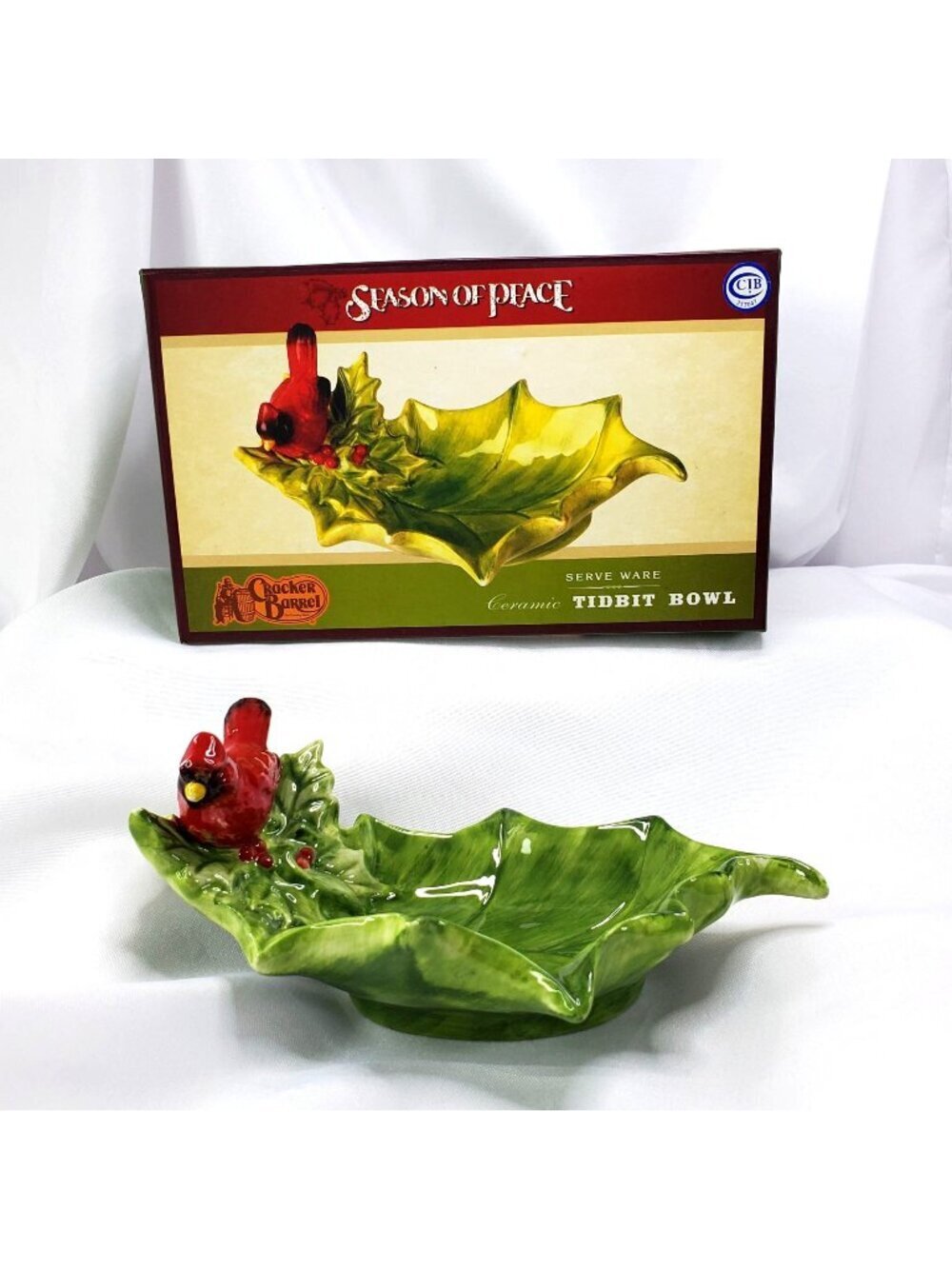 VTG Season Of Peace Cracker‎ Barrel Ceramic Cardinal & Holly Leaf Tidbit Bowl